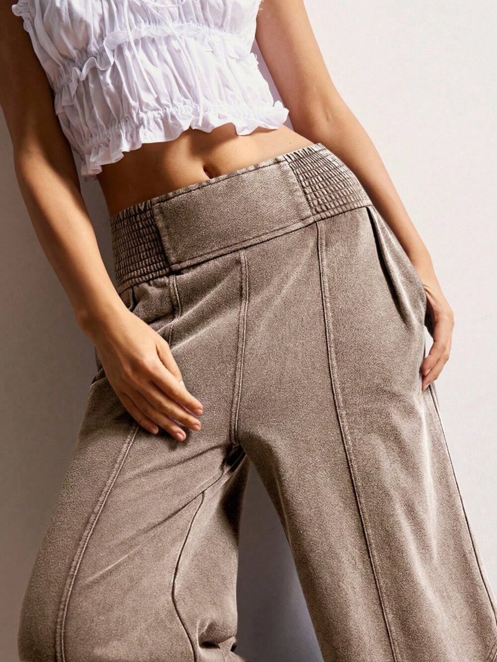 Rust Brown Casual Women's Knit Loose Wide-Leg Washed Pants - Picture 5 of 7